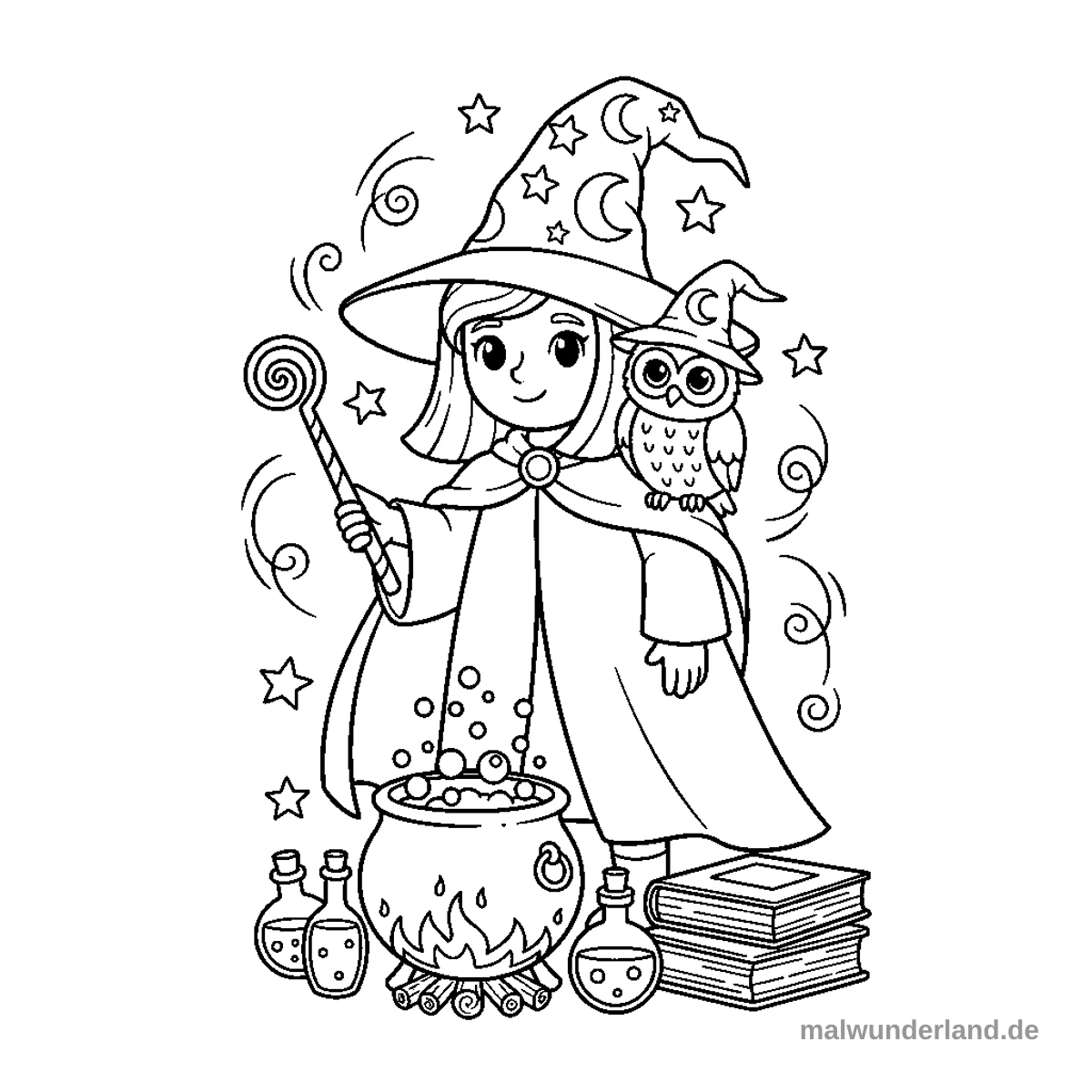 Das Ausmalbild zeigt ein junges Mädchen in einem Zaubererkostüm mit spitzem Hut und Umhang, das einen Zauberstab hält. Auf ihrer Schulter sitzt eine kleine Eule mit einem eigenen Zauberhut, während vor ihnen ein brodelnder Kessel auf einem Feuer steht, umgeben von Zauberflaschen und einem Stapel Bücher.