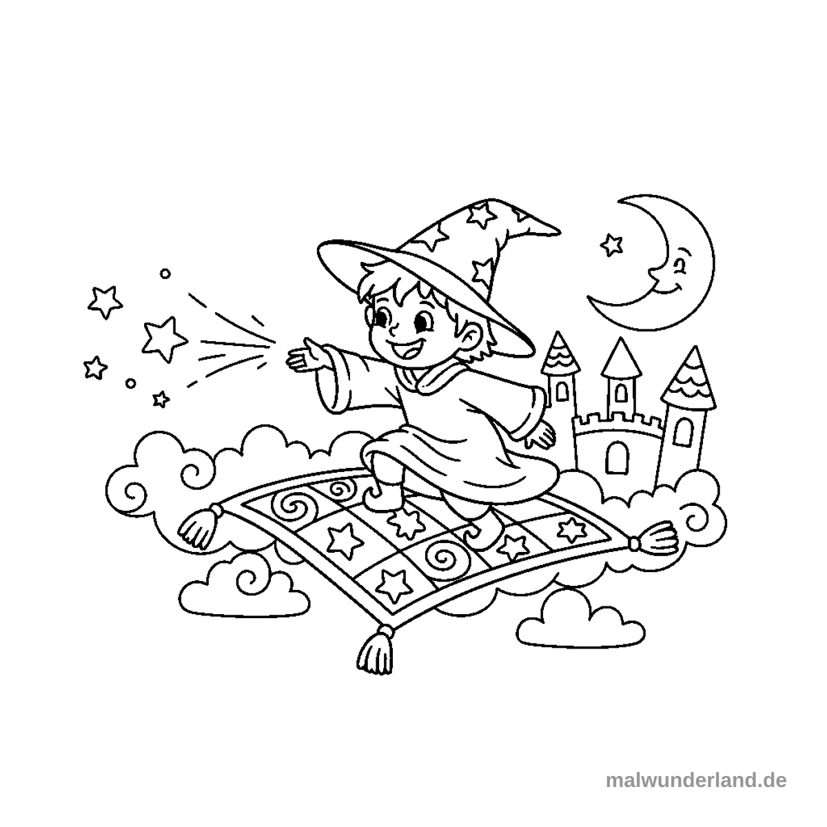 Ein kleiner Zauberer oder eine kleine Hexe fliegt auf einem fliegenden Teppich durch den Himmel und wirkt einen Sternenzauber. Im Hintergrund sind eine Burg und ein lächelnder Halbmond zwischen den Wolken zu sehen.
