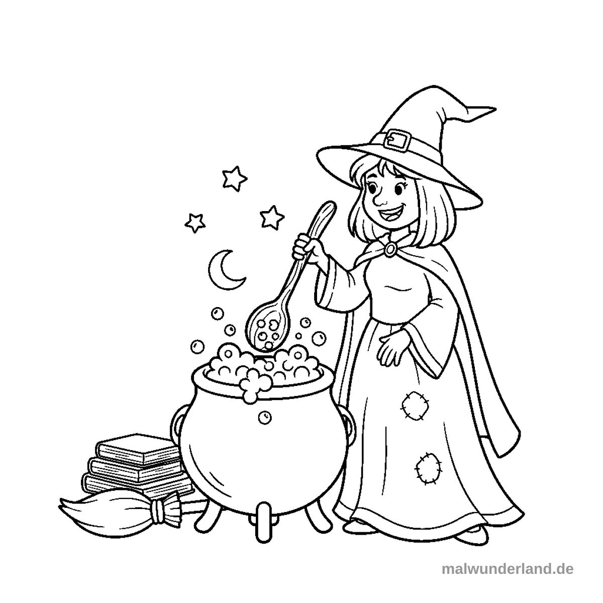 Hexe am Kessel - Kostenloses Ausmalbild zum Ausdrucken