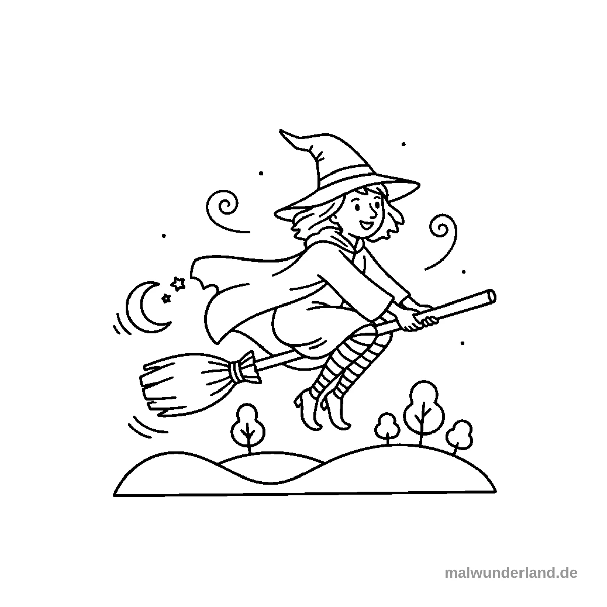 Hexe auf Besen - Kostenloses Ausmalbild zum Ausdrucken