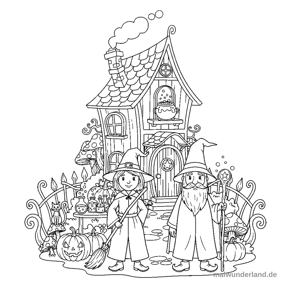 Ein detailliertes Ausmalbild zeigt ein Hexenhaus mit einer jungen Hexe und einem Zauberer davor. Die Szene ist mit Kürbissen, Pilzen, Zaubertränken und einem Kessel dekoriert.