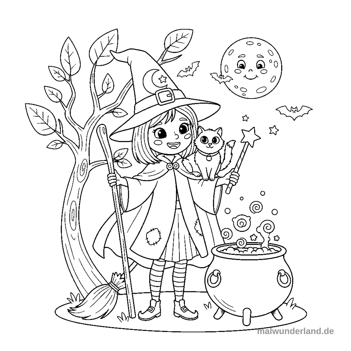 Katze und Hexe - Kostenloses Ausmalbild zum Ausdrucken