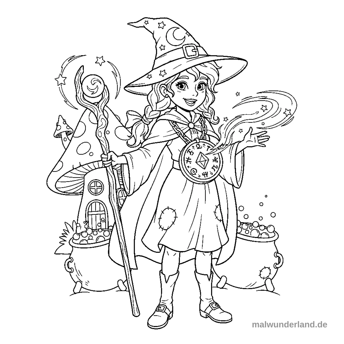 Das Ausmalbild zeigt eine lächelnde junge Hexe mit einem spitzen Hut und einem Umhang, die einen magischen Stab hält und mit der anderen Hand Magie herbeizaubert. Sie trägt ein großes, verziertes Amulett und steht vor einem Pilzhaus und zwei brodelnden Zauberkesseln.