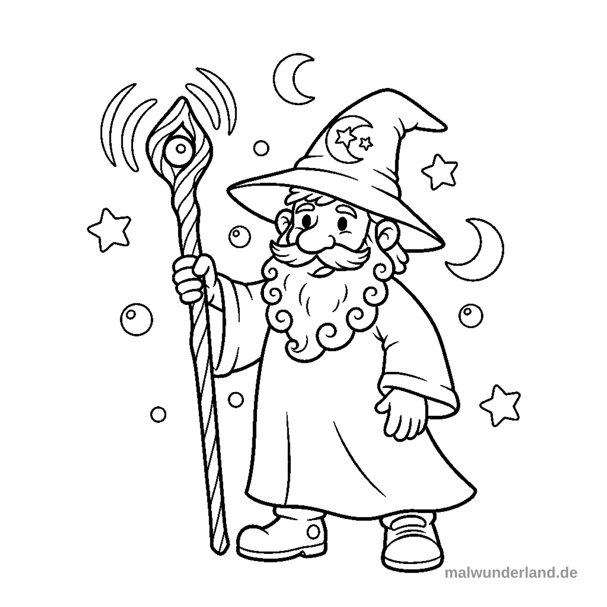 Zauberer mit Stab - Kostenloses Ausmalbild zum Ausdrucken