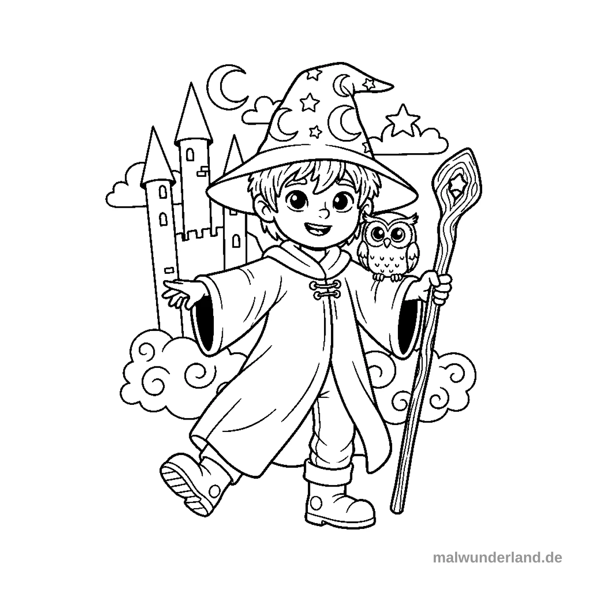 Das Bild zeigt einen fröhlichen Zauberlehrling mit spitzem Hut, der einen Zauberstab hält und eine Eule auf seiner Schulter trägt. Im Hintergrund sind eine Burg mit Türmen, Wolken, ein Mond und Sterne zu sehen.