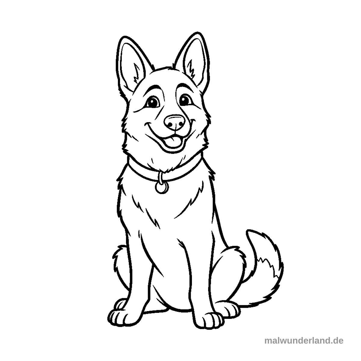 Das Ausmalbild zeigt einen freundlich lächelnden Hund, der aufrecht sitzt. Er trägt ein Halsband mit einer runden Marke und hat spitze Ohren.