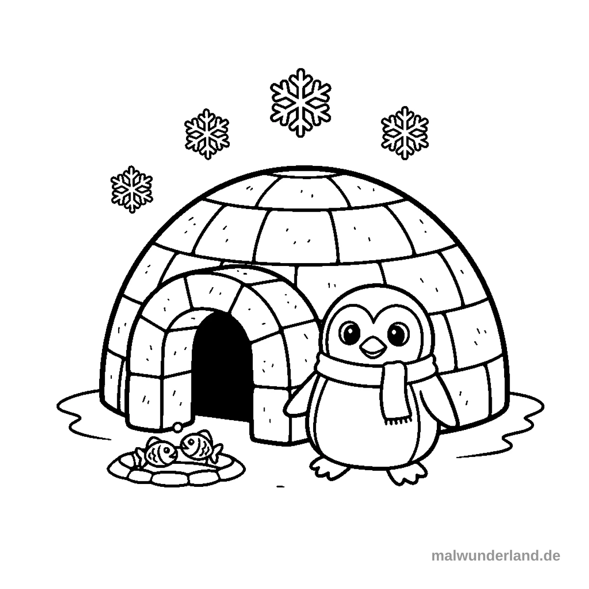 Iglu mit Pinguin - Kostenloses Ausmalbild zum Ausdrucken