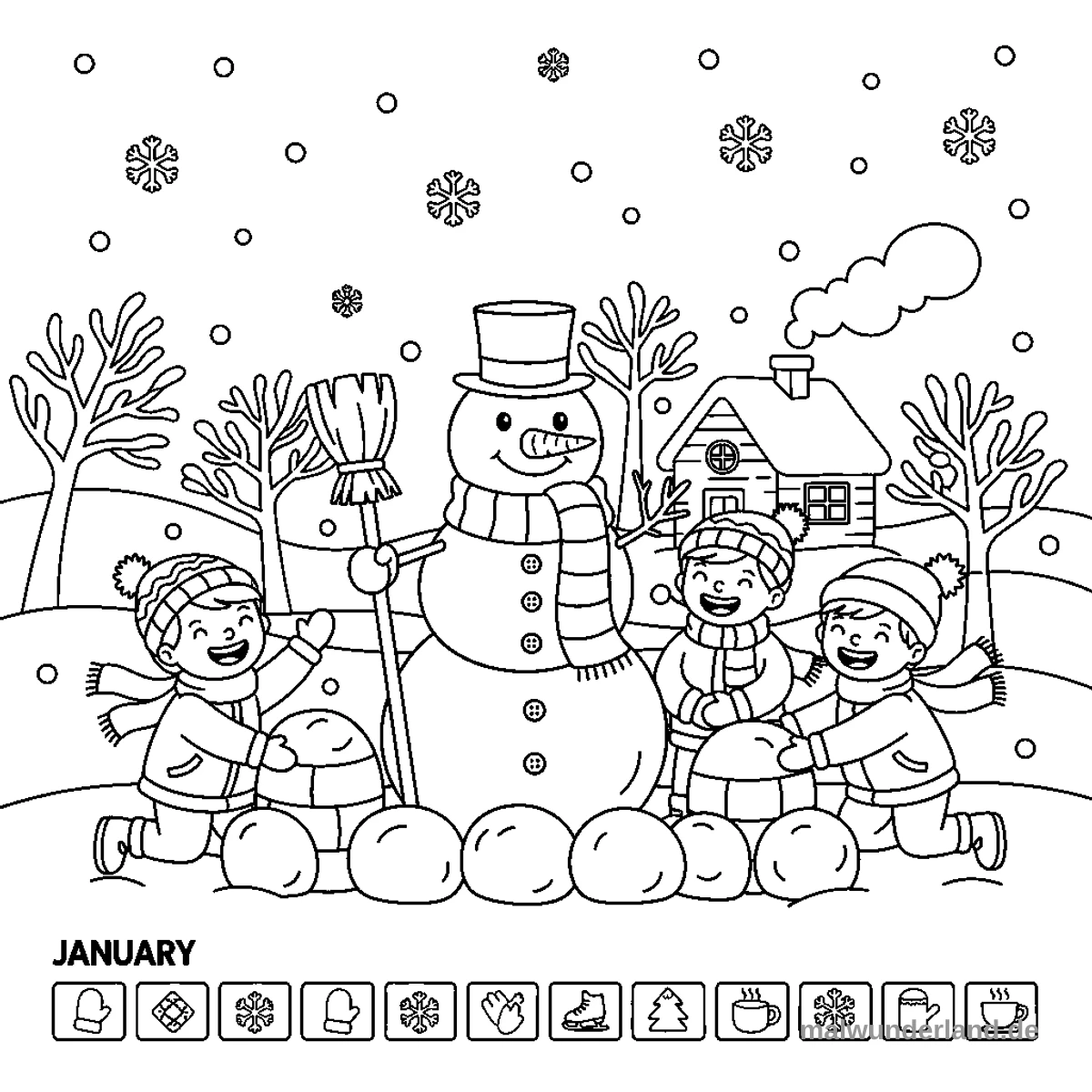 Kalenderblatt Januar - Kostenloses Ausmalbild zum Ausdrucken