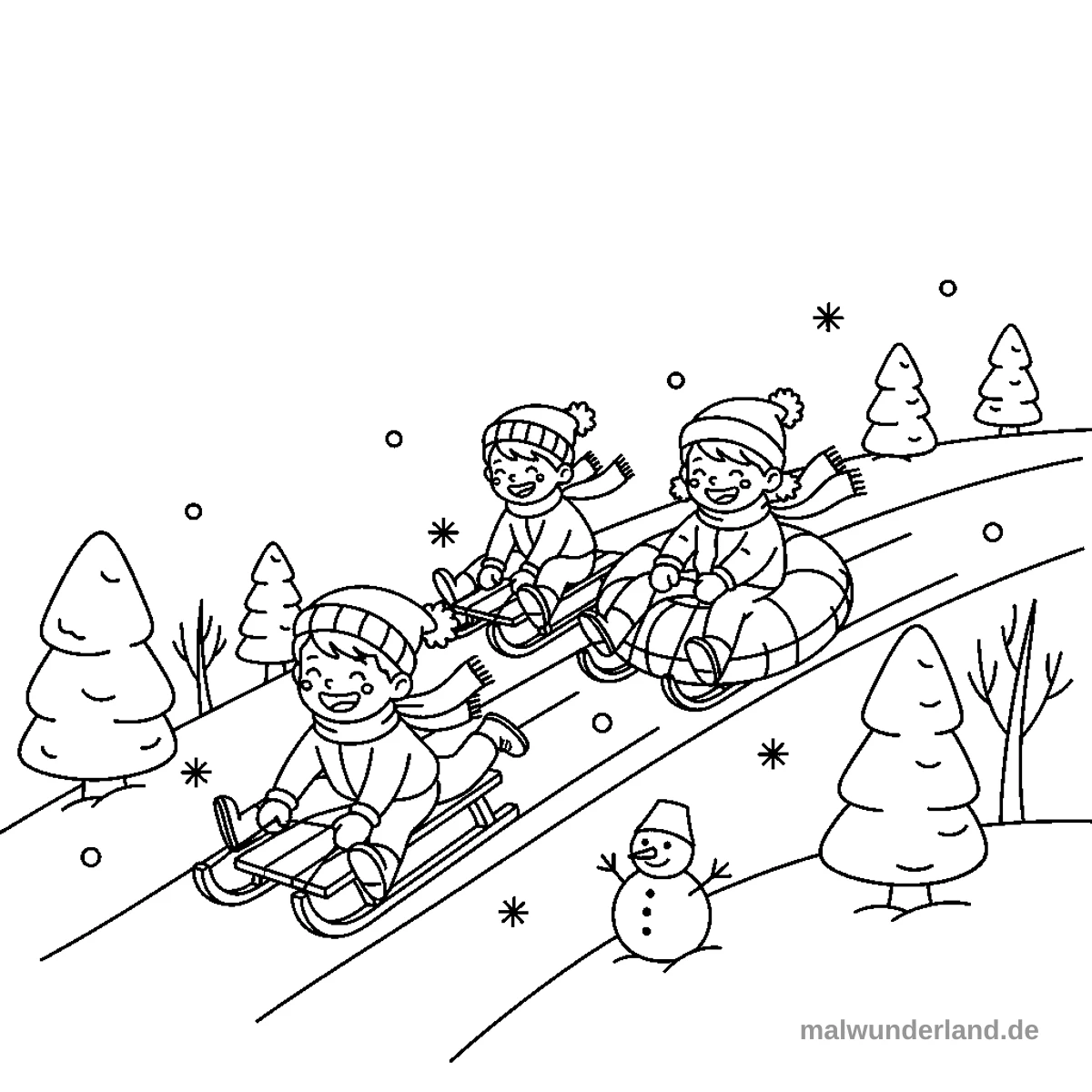 Kinder auf Schlitten - Kostenloses Ausmalbild zum Ausdrucken