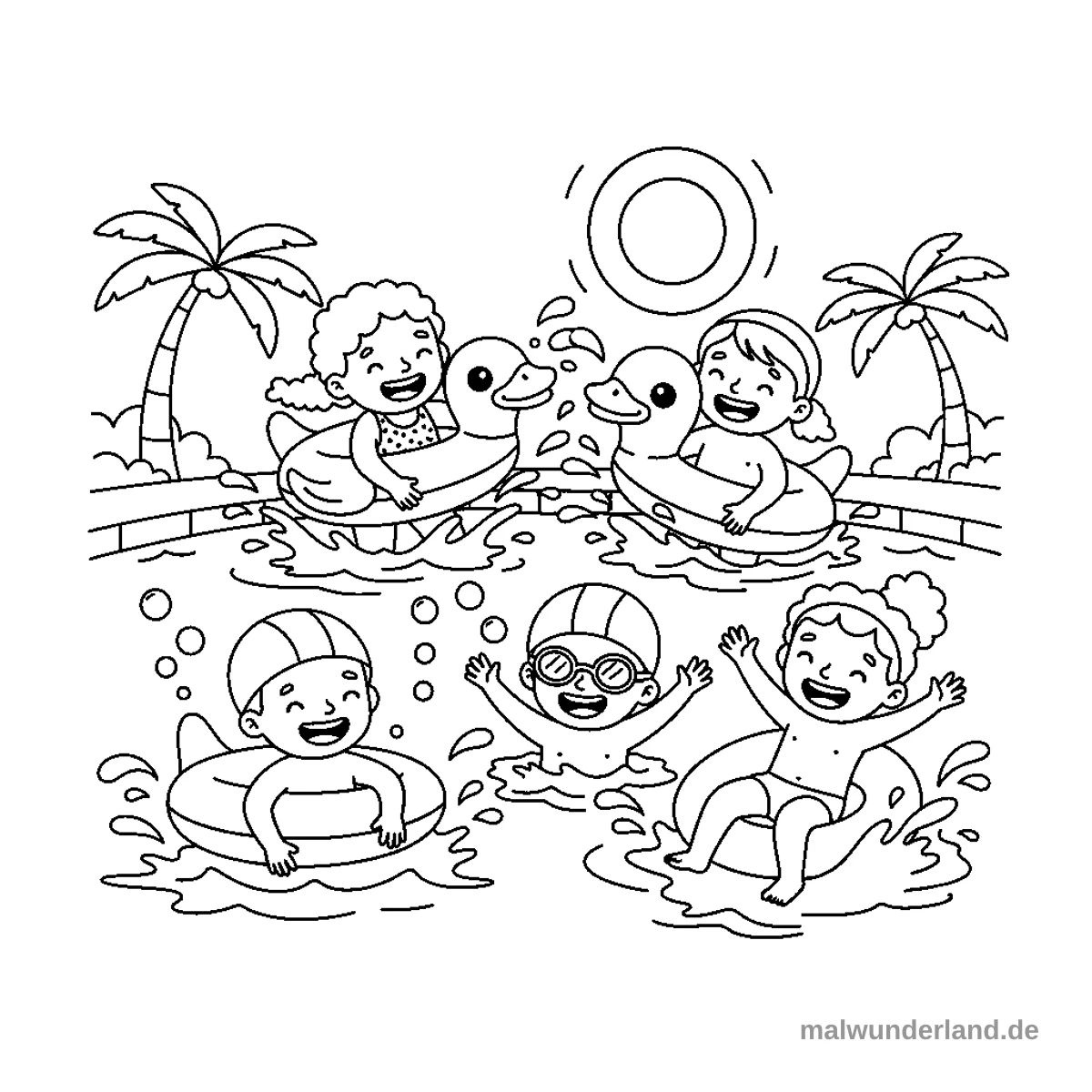 Kinder im Pool - Kostenloses Ausmalbild zum Ausdrucken