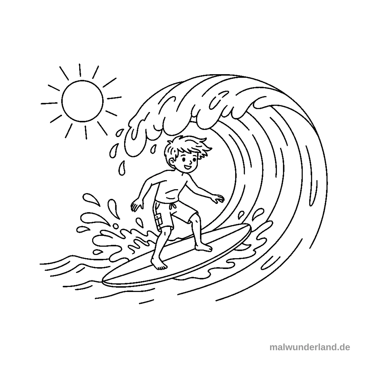 Surfer auf Welle - Kostenloses Ausmalbild zum Ausdrucken