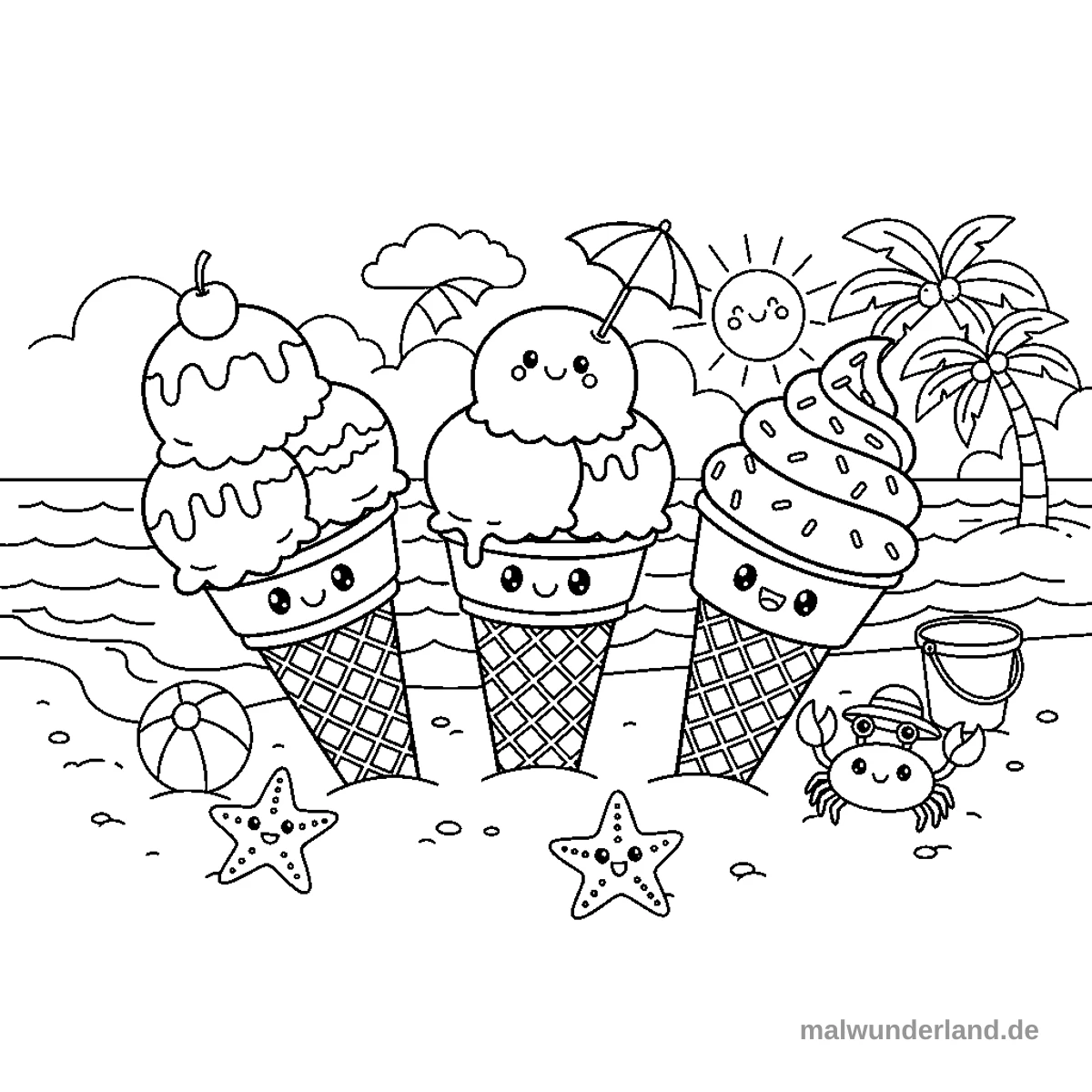 Eis am Strand - Kostenloses Ausmalbild zum Ausdrucken