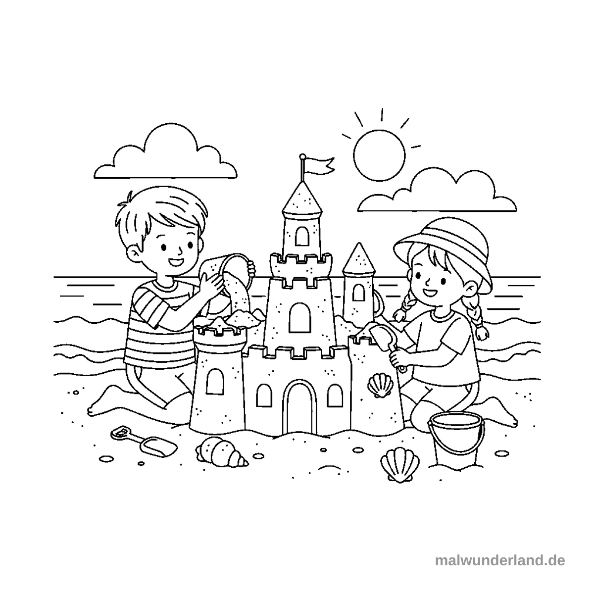 Sandburg bauen - Kostenloses Ausmalbild zum Ausdrucken