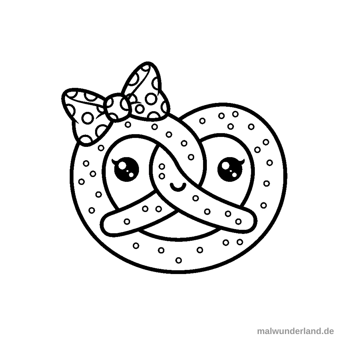 Eine lächelnde Brezel mit einer bunten Schleife als Haarschmuck.