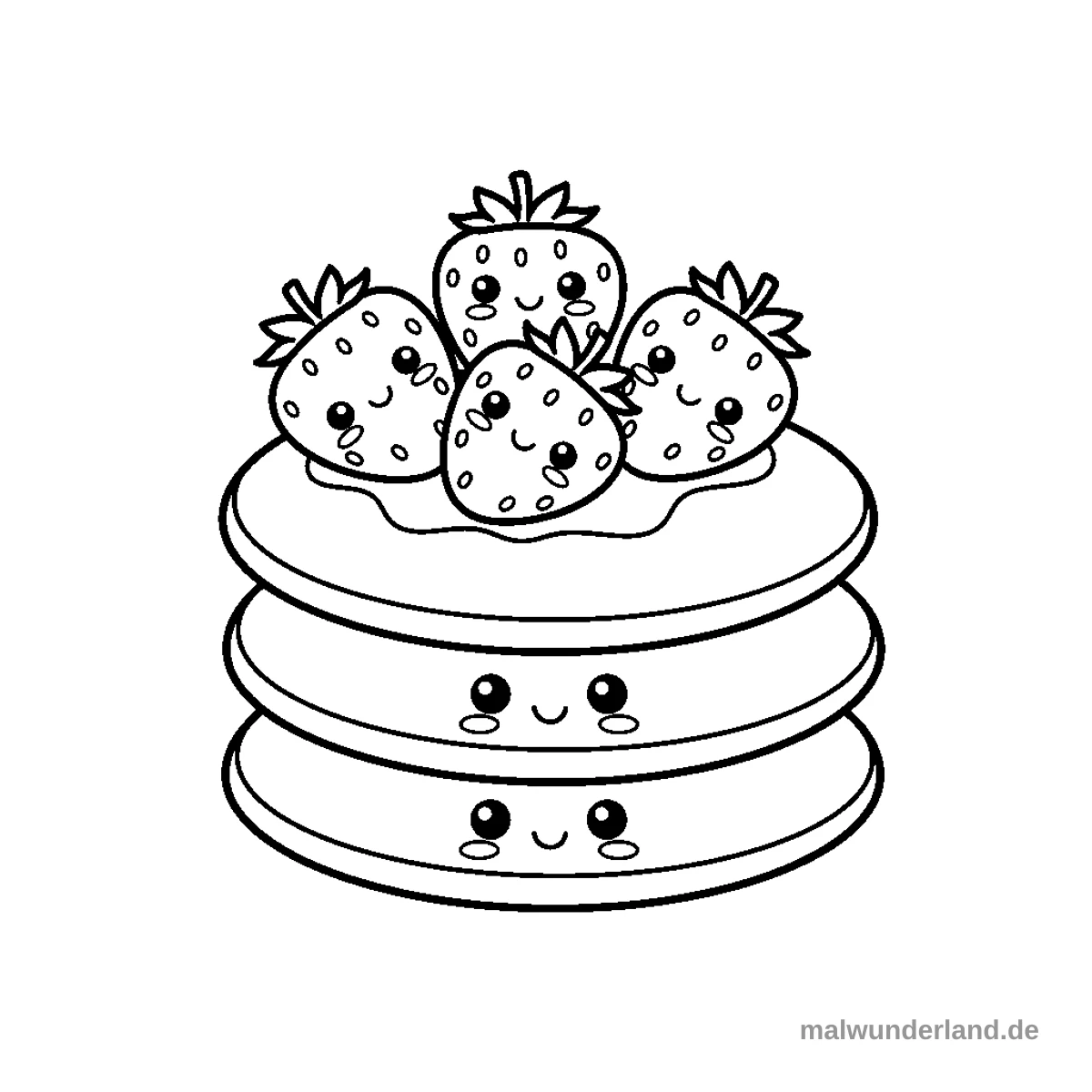 Ein Stapel fluffiger Pfannkuchen mit einem lachenden Gesicht und frischen Erdbeeren als Dekoration.