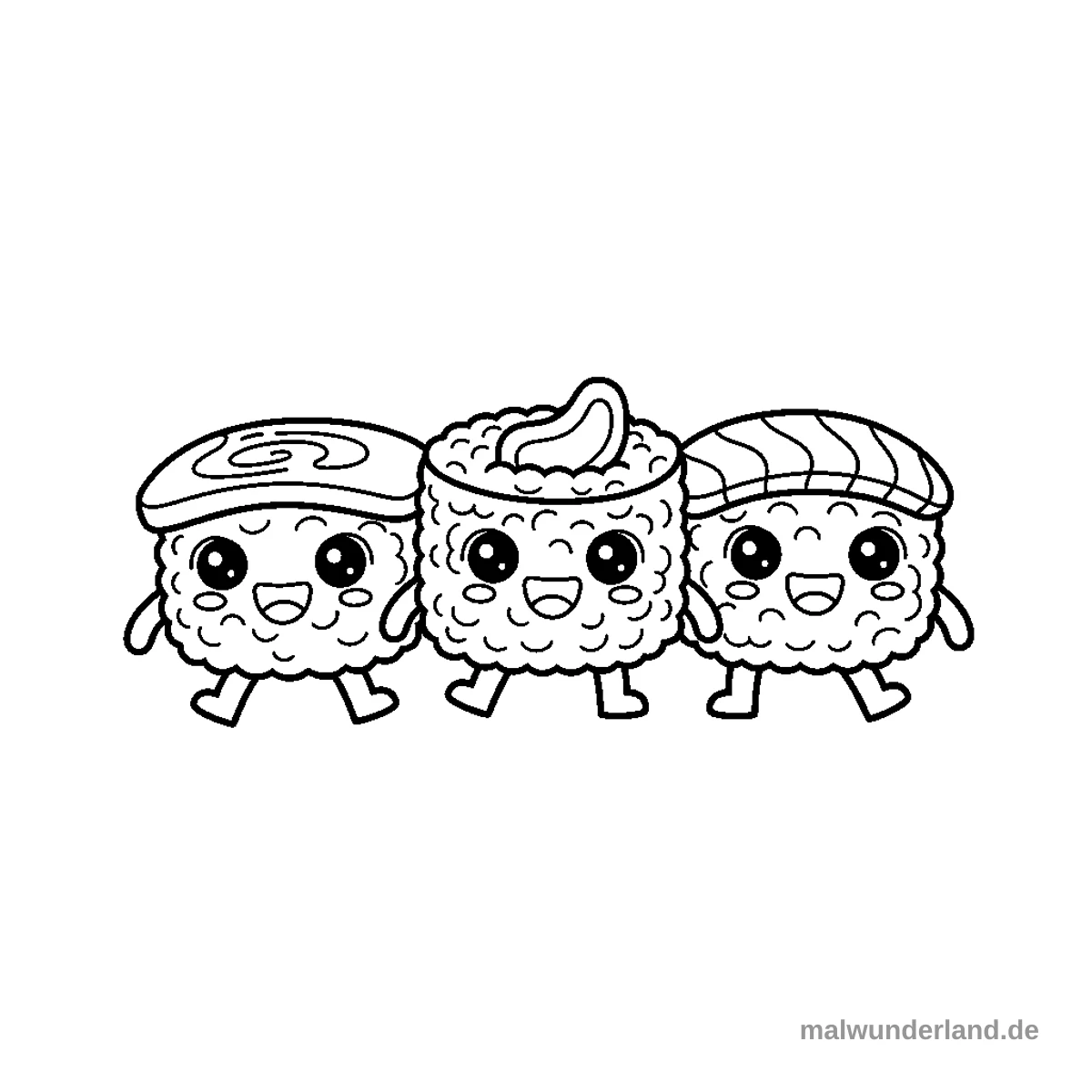 Drei niedliche Sushi-Rollen die beste Freunde sind