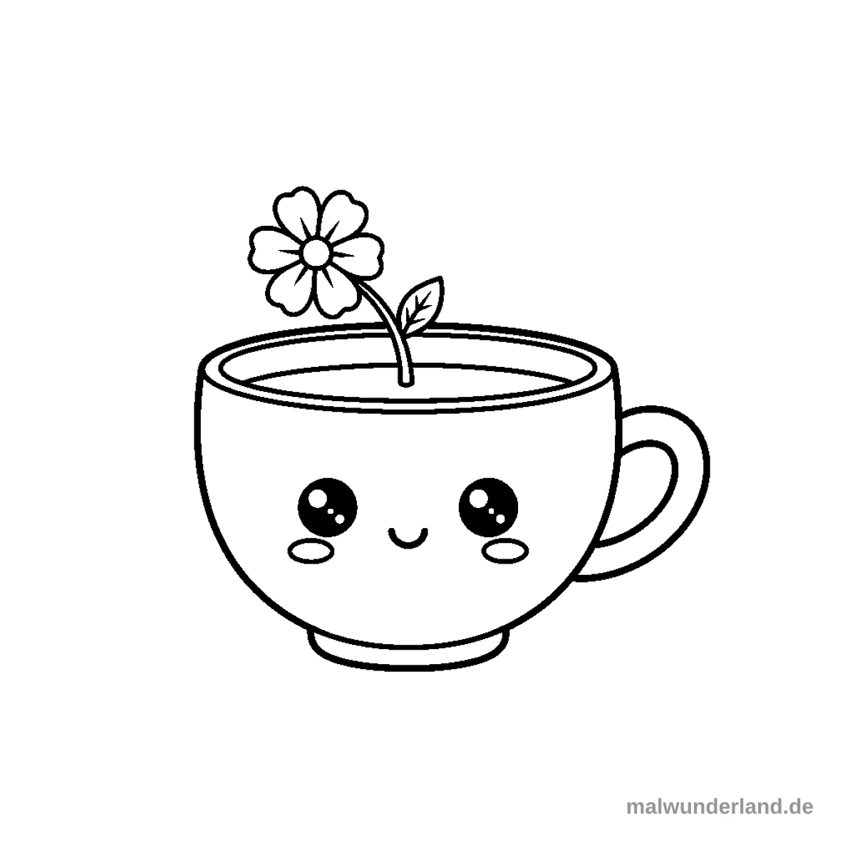 Eine freundliche Tasse Tee mit einem Gesicht und einer kleinen Blume im Dampf.