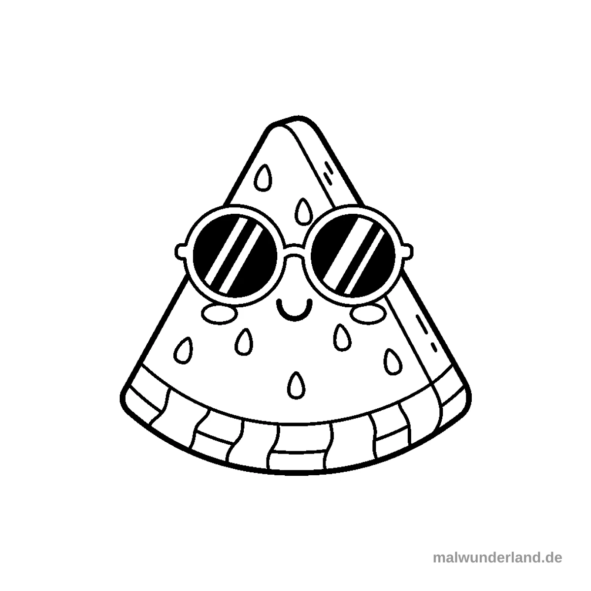 Eine lächelnde Wassermelonenscheibe trägt eine coole Sonnenbrille. Die Kerne haben auch kleine Gesichter.