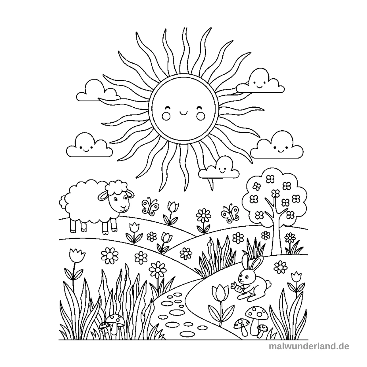 Ein Ausmalbild zeigt eine fröhliche Frühlingslandschaft mit einer lächelnden Sonne und vier freundlichen Wolken am Himmel. Im Vordergrund sind ein Schaf, ein Hase, viele Blumen, Schmetterlinge, ein Baum und Pilze zu sehen, die einen gewundenen Pfad säumen.
