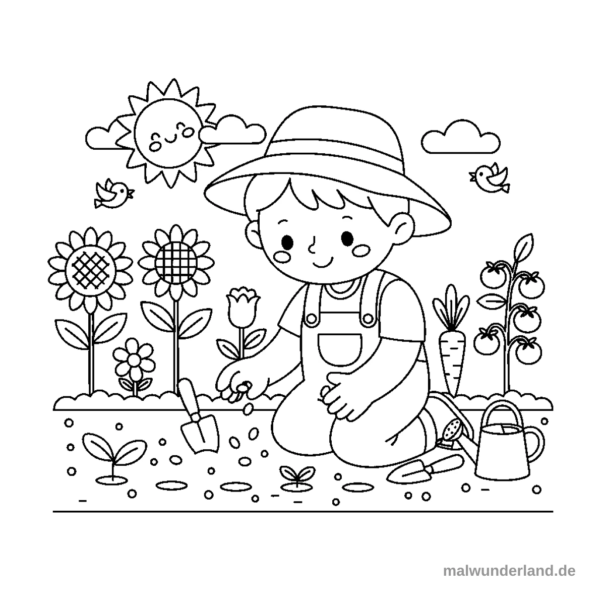 Gärtnern im Frühling - Kostenloses Ausmalbild zum Ausdrucken