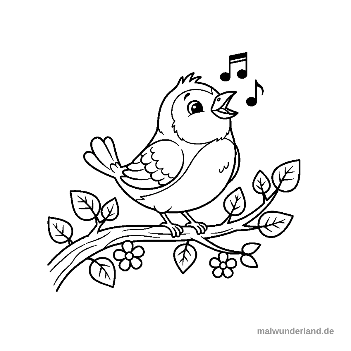 Das Bild zeigt einen kleinen, singenden Vogel, der auf einem Baumast sitzt. Über dem geöffneten Schnabel des Vogels schweben Noten, und der Ast ist mit Blättern und kleinen Blüten verziert.