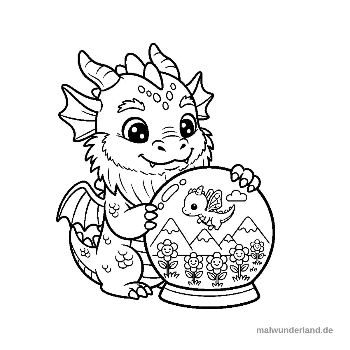 Ein weiser, alter Drache blickt in eine Kristallkugel, die Zukunftsbilder zeigt. Der Drache ist mit Runen und Symbolen verziert.