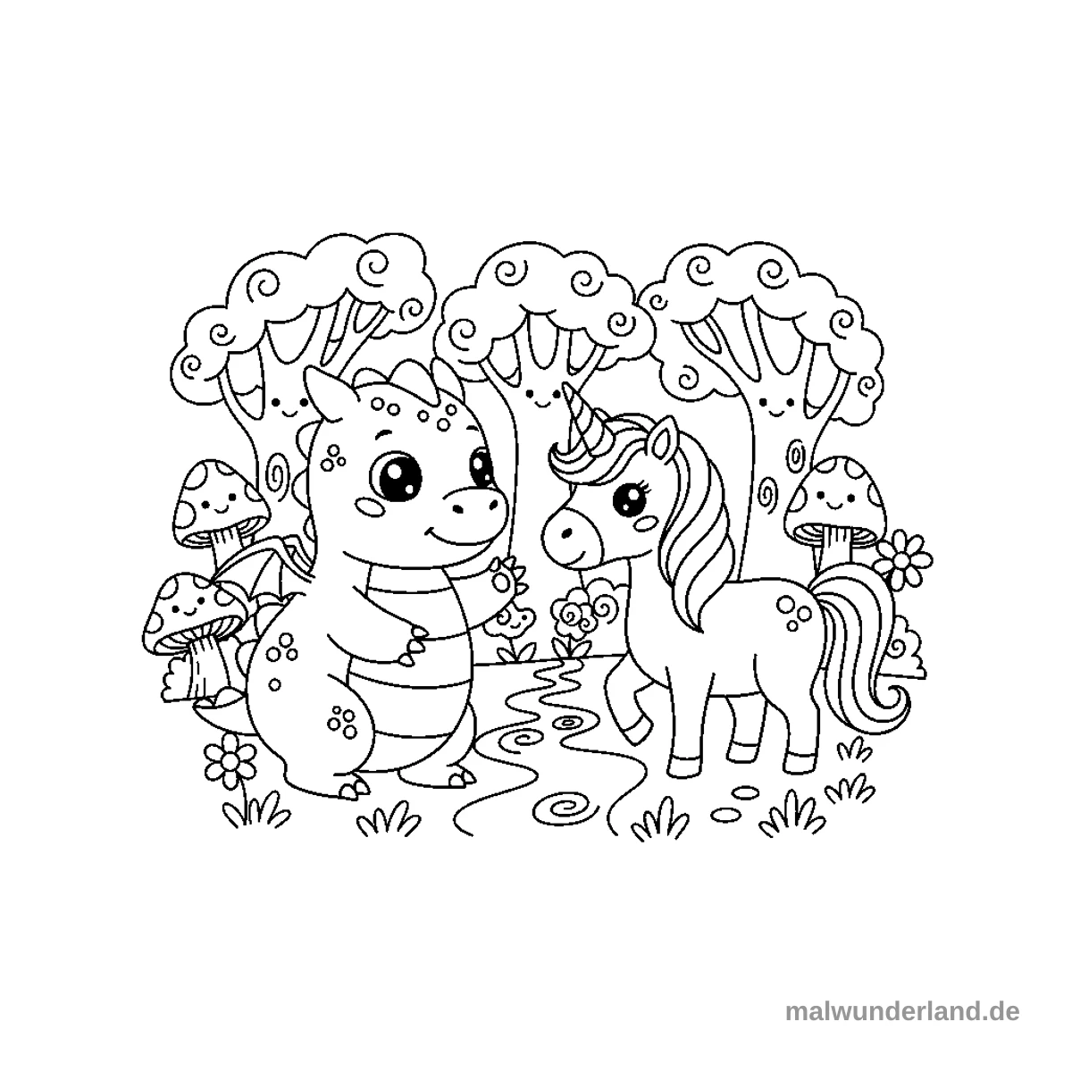 Drache und Einhorn-Begegnung - Kostenloses Ausmalbild zum Ausdrucken
