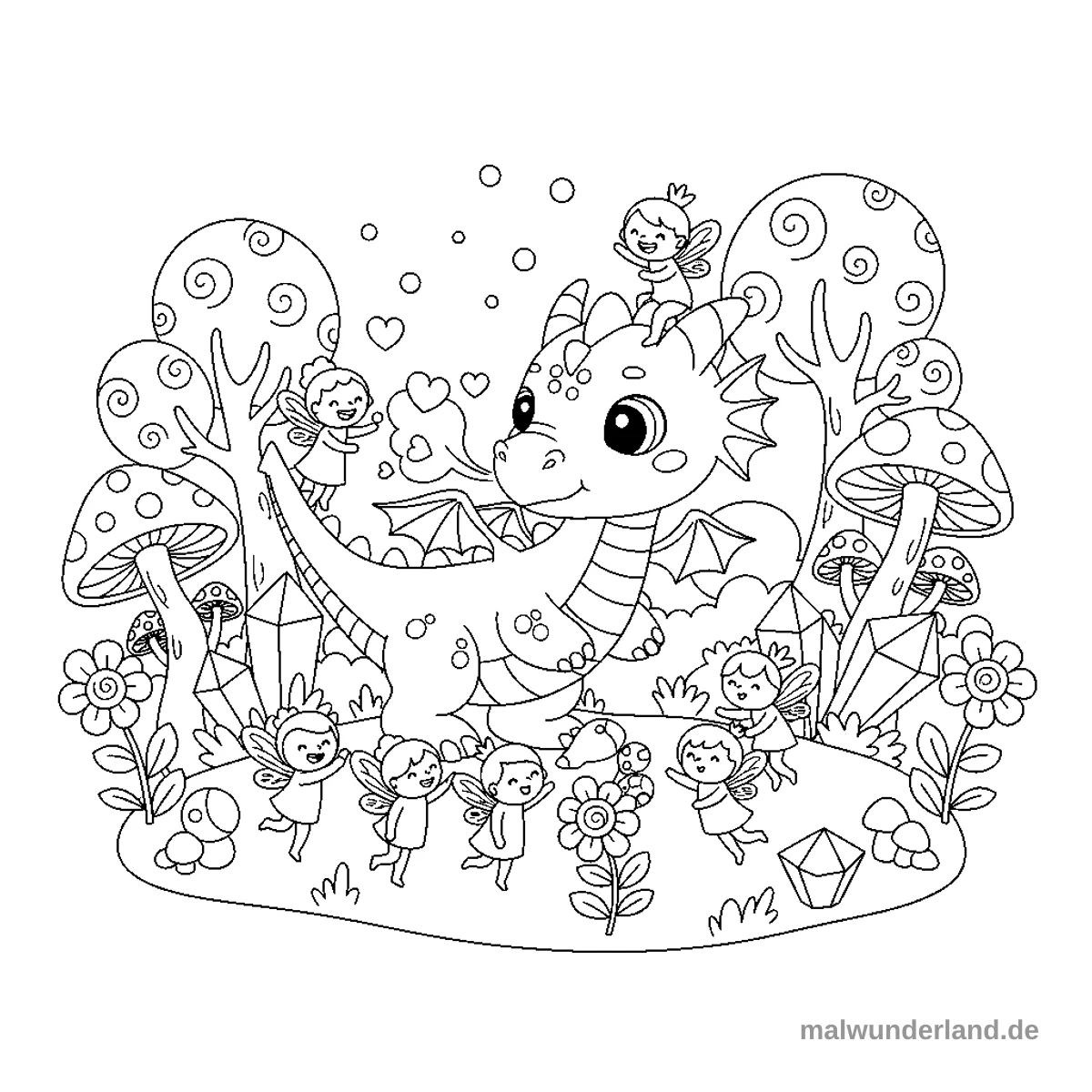 Ein verspielter Drache spielt mit kleinen Feen in einem magischen Garten. Der Drache ist freundlich und sanft, die Feen sind detailliert und zart gezeichnet.