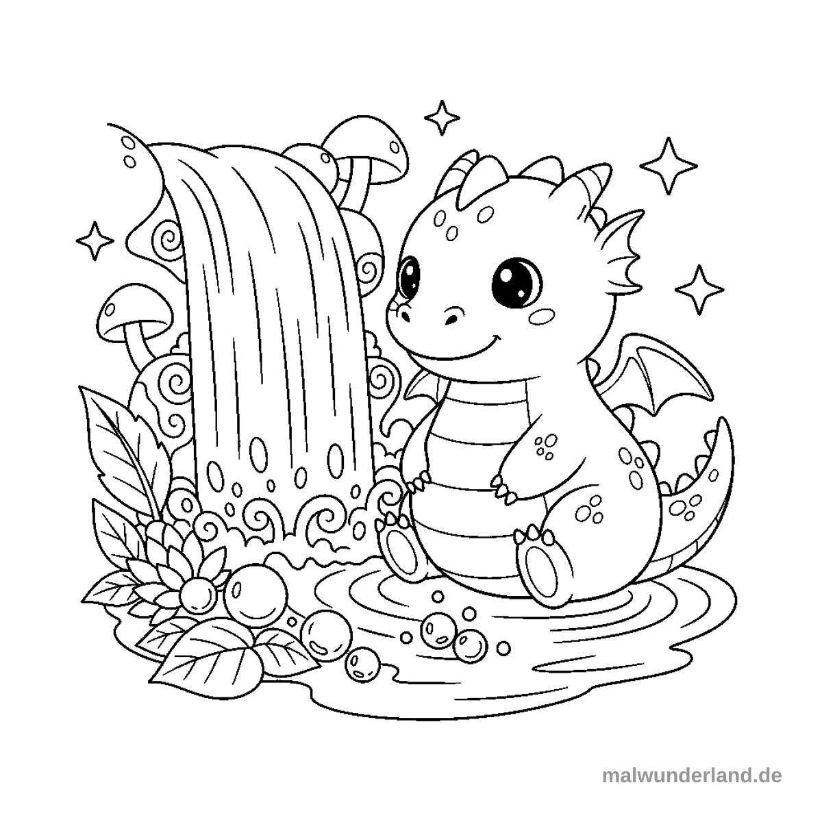 Ein Drache sitzt an einem verzauberten Wasserfall, das Wasser leuchtet in magischen Farben. Pflanzen und Blumen wachsen um den Wasserfall herum, und die Luft ist voller Glitzer.