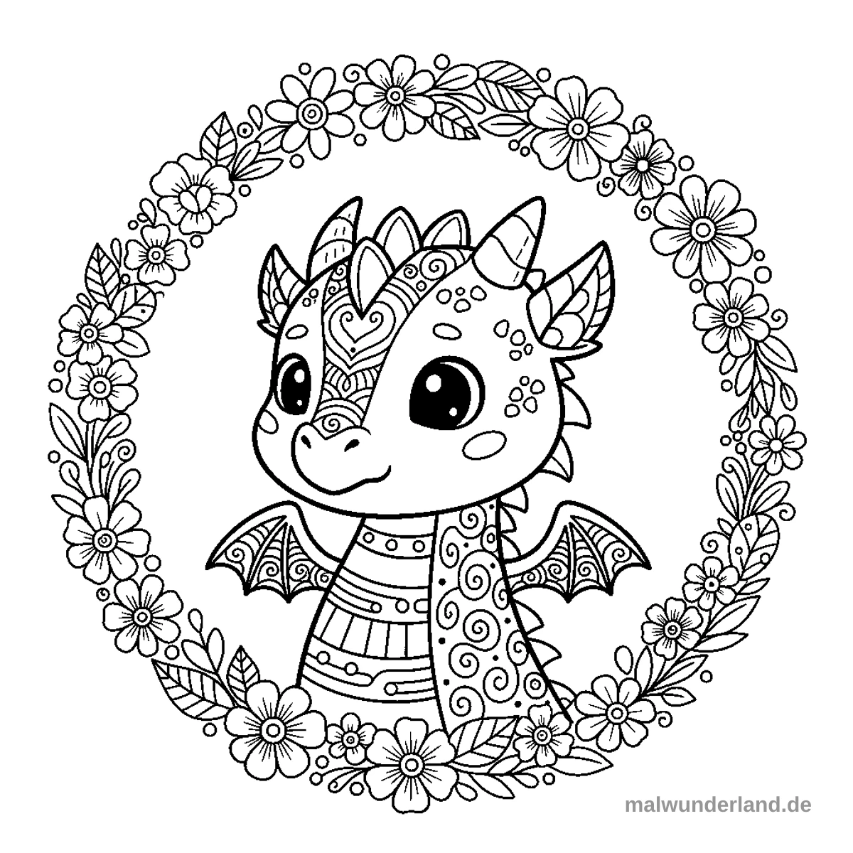 Drachen-Portrait mit floralem Rahmen - Kostenloses Ausmalbild zum Ausdrucken