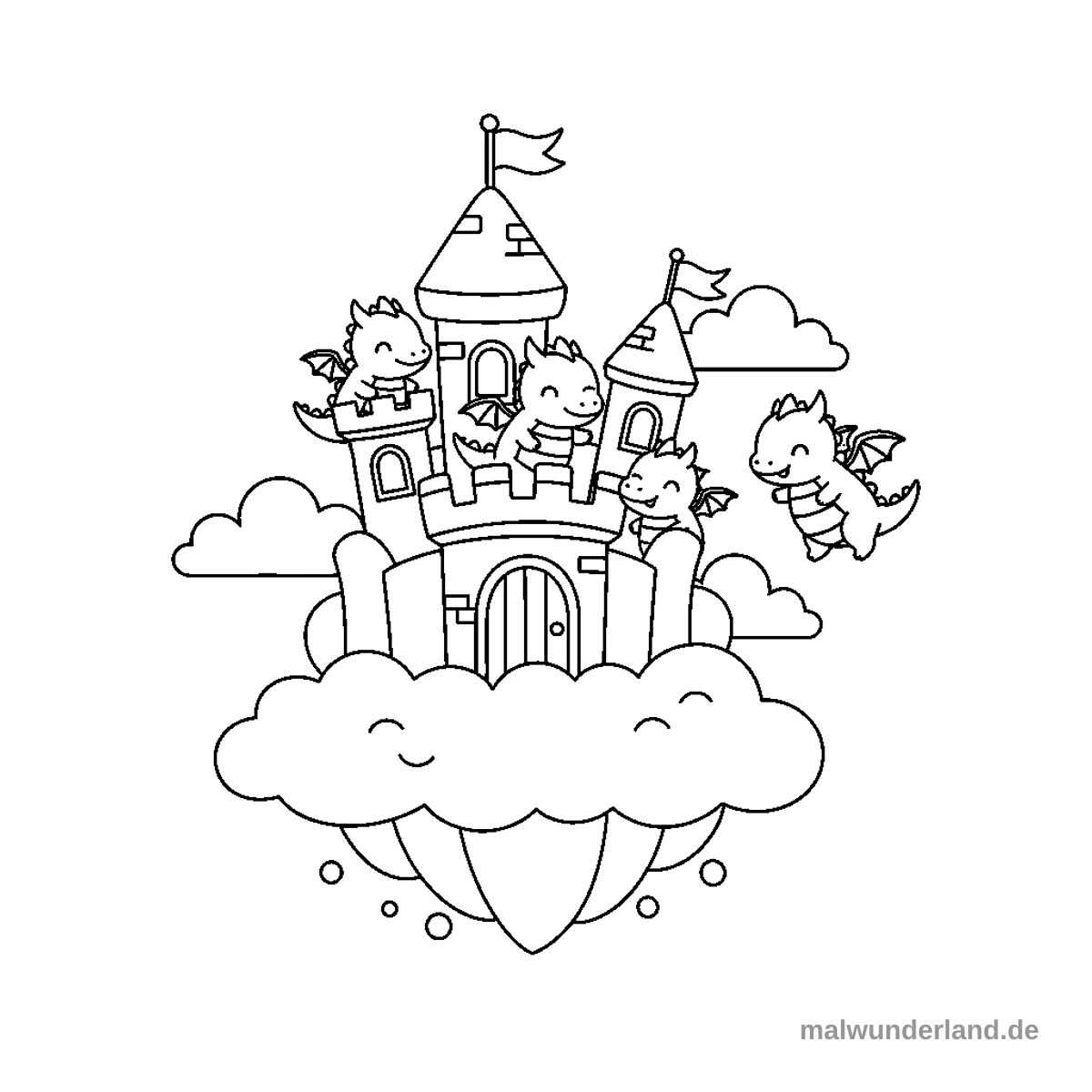 Eine prächtige Burg, die von Drachen bewohnt wird, schwebt hoch in den Wolken. Die Burg ist detailliert mit Türmen, Brücken und Wimpeln.