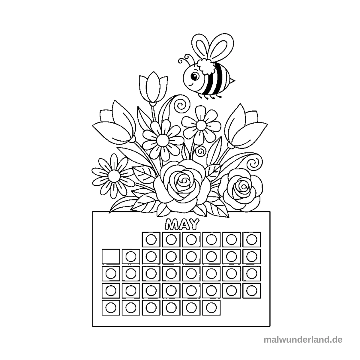 Das Ausmalbild zeigt ein Kalenderblatt für den Monat Mai, über dem ein großer Blumenstrauß arrangiert ist. Eine niedliche Biene mit Flügeln schwebt oberhalb der Blumen.