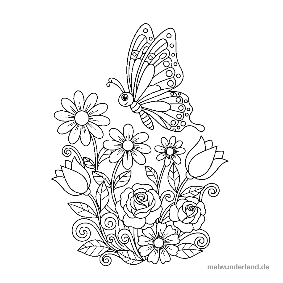 Schmetterling im Garten - Kostenloses Ausmalbild zum Ausdrucken