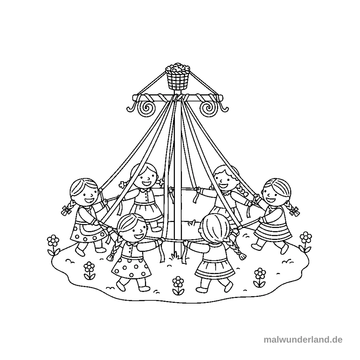 Tänzer am Maibaum - Kostenloses Ausmalbild zum Ausdrucken