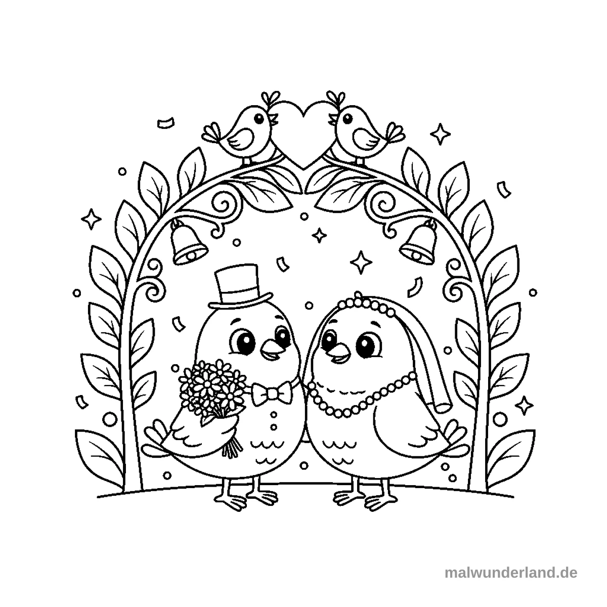 Vogelhochzeit - Kostenloses Ausmalbild zum Ausdrucken