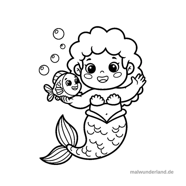 Meerjungfrau mit Fischfreund - Kostenloses Ausmalbild zum Ausdrucken