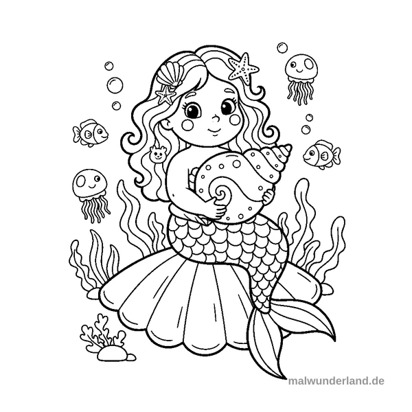 Meerjungfrau mit Muschel - Kostenloses Ausmalbild zum Ausdrucken