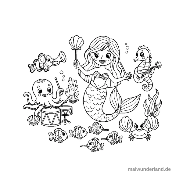 Musikalische Meeresbewohner - Kostenloses Ausmalbild zum Ausdrucken