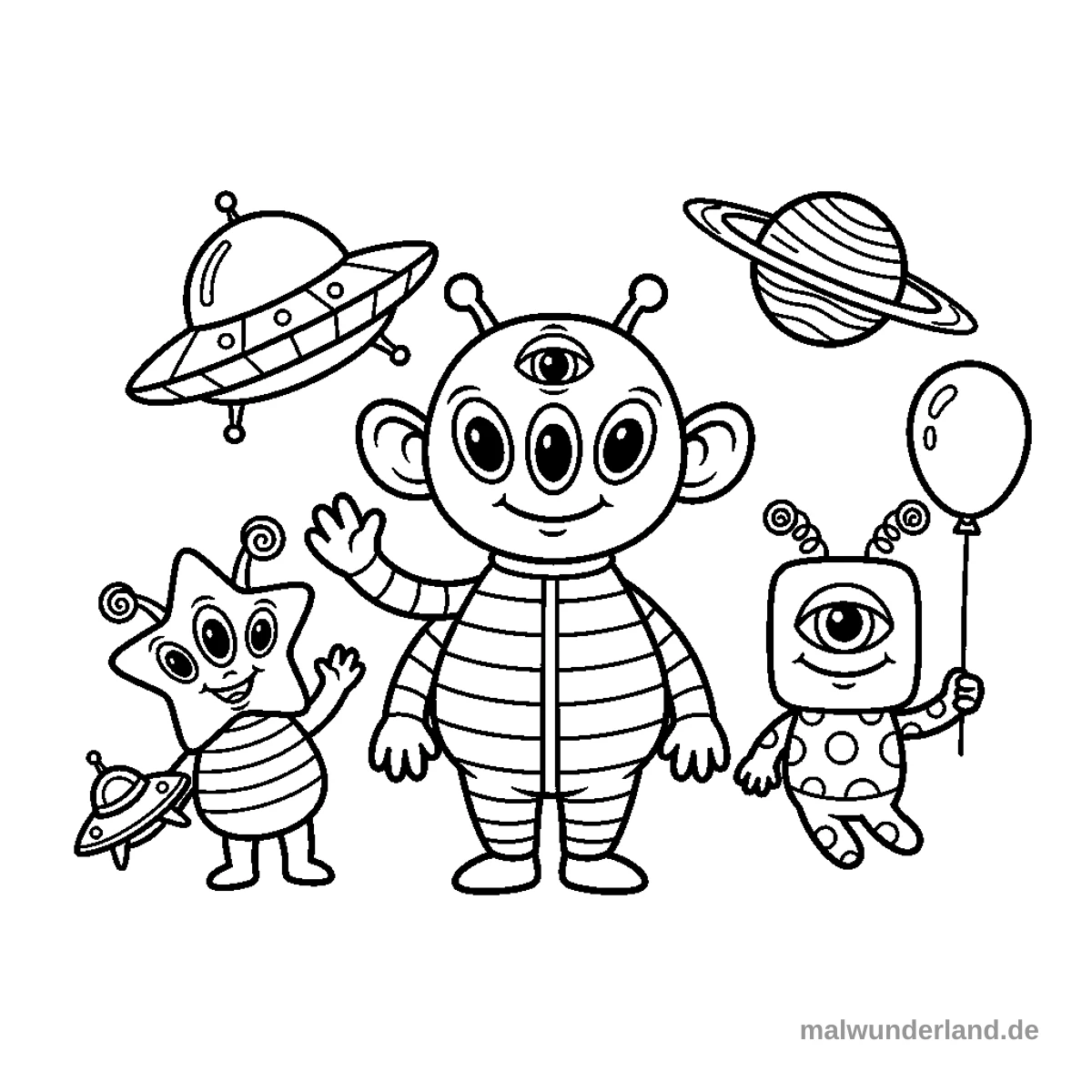 Das Ausmalbild zeigt eine fröhliche Szene mit drei unterschiedlichen Alien-Figuren, einem UFO und einem Saturn-Planeten. Ein großes Alien winkt, ein sternförmiges Alien hält ein kleines UFO und ein würfelförmiges Alien schwebt mit einem Ballon.