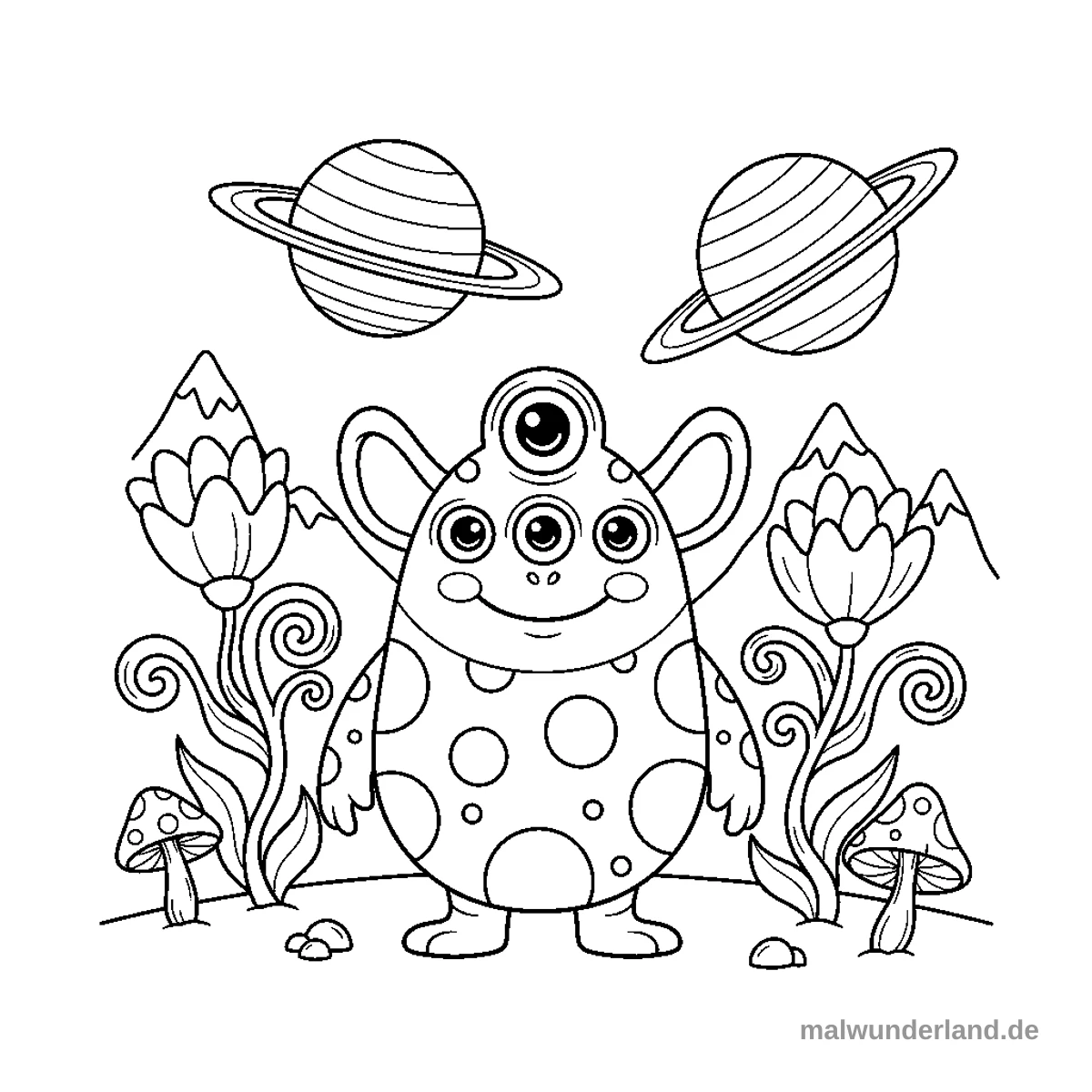 Das Ausmalbild zeigt ein freundliches, gepunktetes Alien mit drei Augen auf dem Kopf und zwei weiteren Augen im Gesicht, das in einer außerirdischen Landschaft steht. Im Hintergrund sind zwei Saturn-ähnliche Planeten, fantastische Blumen mit wirbelnden Stielen, Berge und Pilze zu sehen.