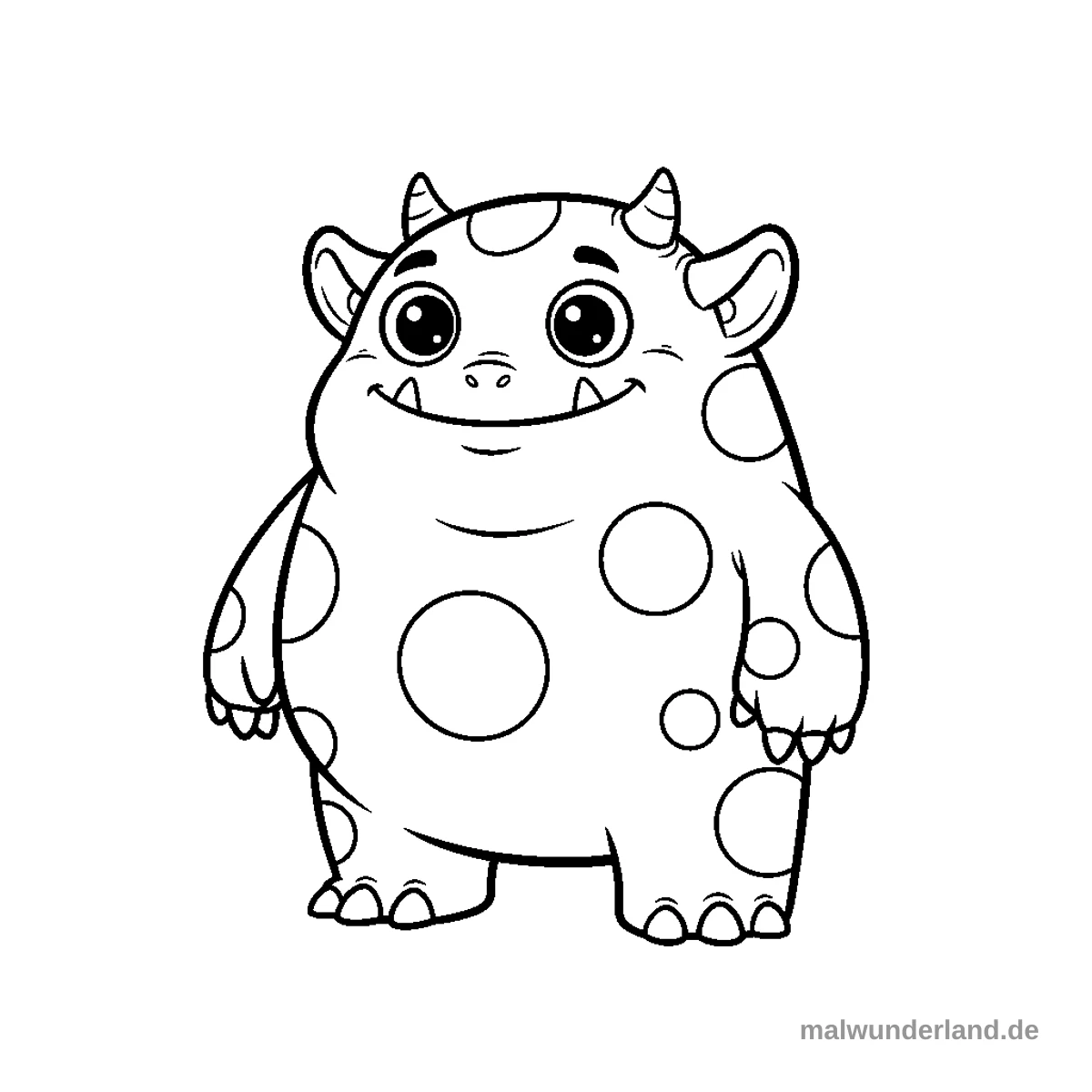 Das Bild zeigt ein freundlich lächelndes Monster mit zwei Hörnern, großen Augen und kleinen Reißzähnen. Sein runder Körper ist mit unterschiedlich großen runden Flecken bedeckt, und es hat kleine Gliedmaßen mit Zehen oder Fingern.