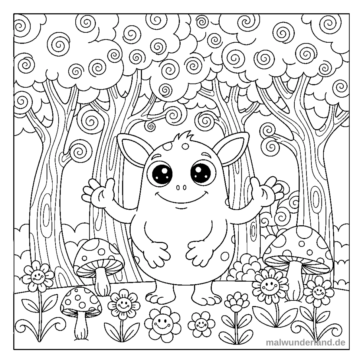 Das Ausmalbild zeigt ein freundliches, rundliches Monster mit großen Augen und kleinen Hörnern, das fröhlich in einem Wald steht. Es ist umgeben von Bäumen mit spiralförmigen Blättern, verschiedenen Pilzen und lächelnden Blumen.