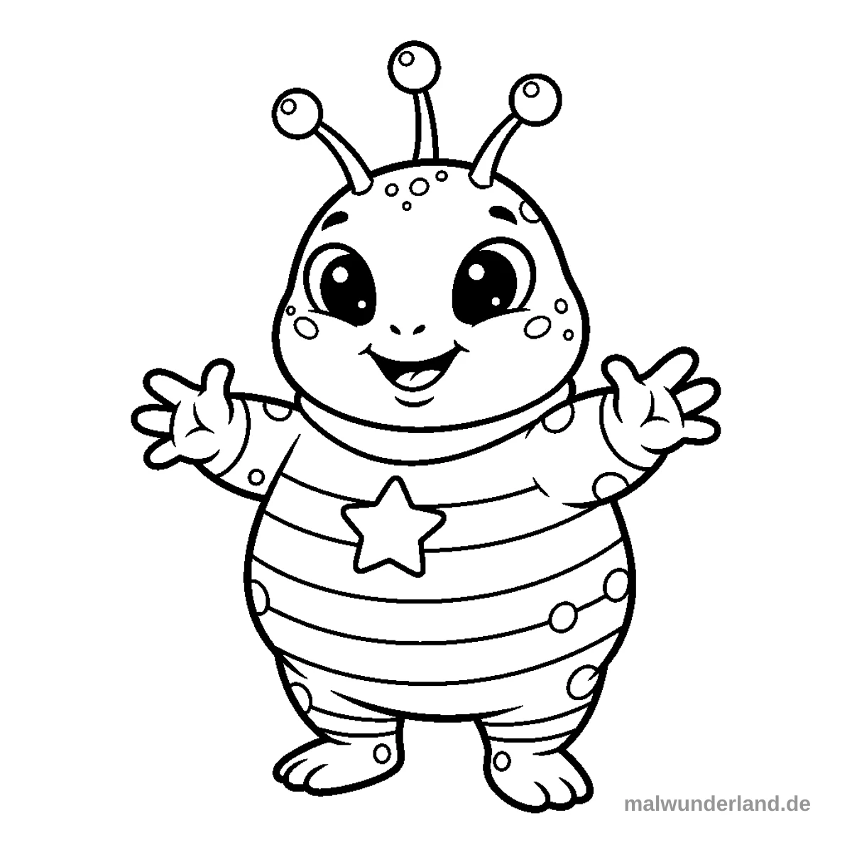 Das Ausmalbild zeigt ein freundlich lächelndes Alien mit großen Augen und drei Antennen. Es hat einen gestreiften Körper, gepunktete Arme und Beine sowie einen Stern auf der Brust und steht mit weit ausgebreiteten Armen.