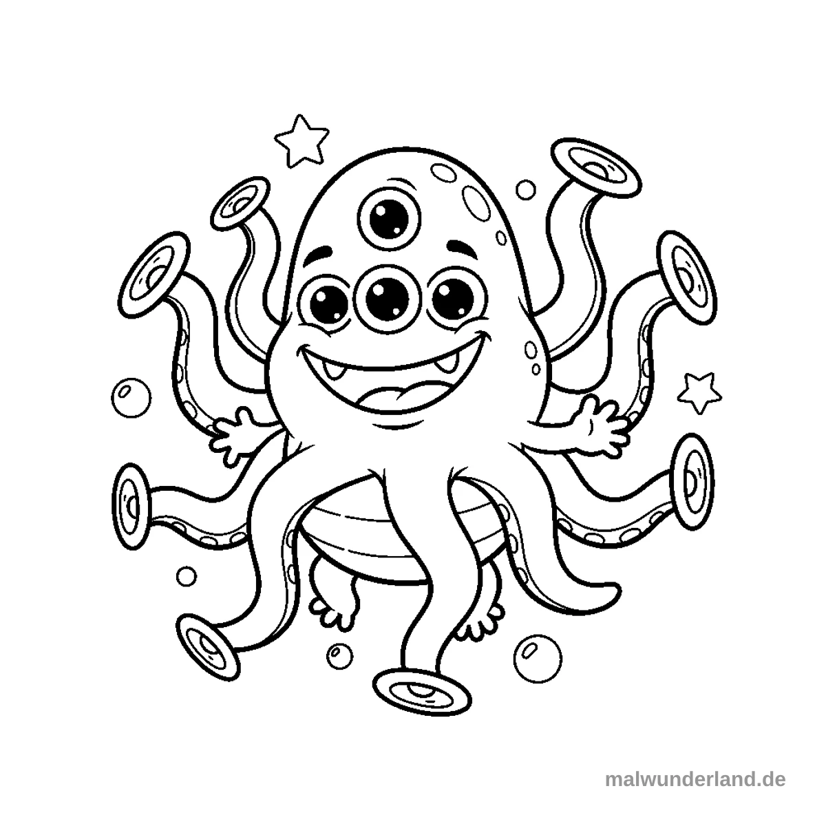 Das Ausmalbild zeigt ein freundliches, lächelndes Monster mit einem runden Körper, fünf großen Augen, acht Tentakeln mit Saugnäpfen sowie zwei kleinen Händen und Füßen. Es ist umgeben von schwebenden Blasen und Sternen.