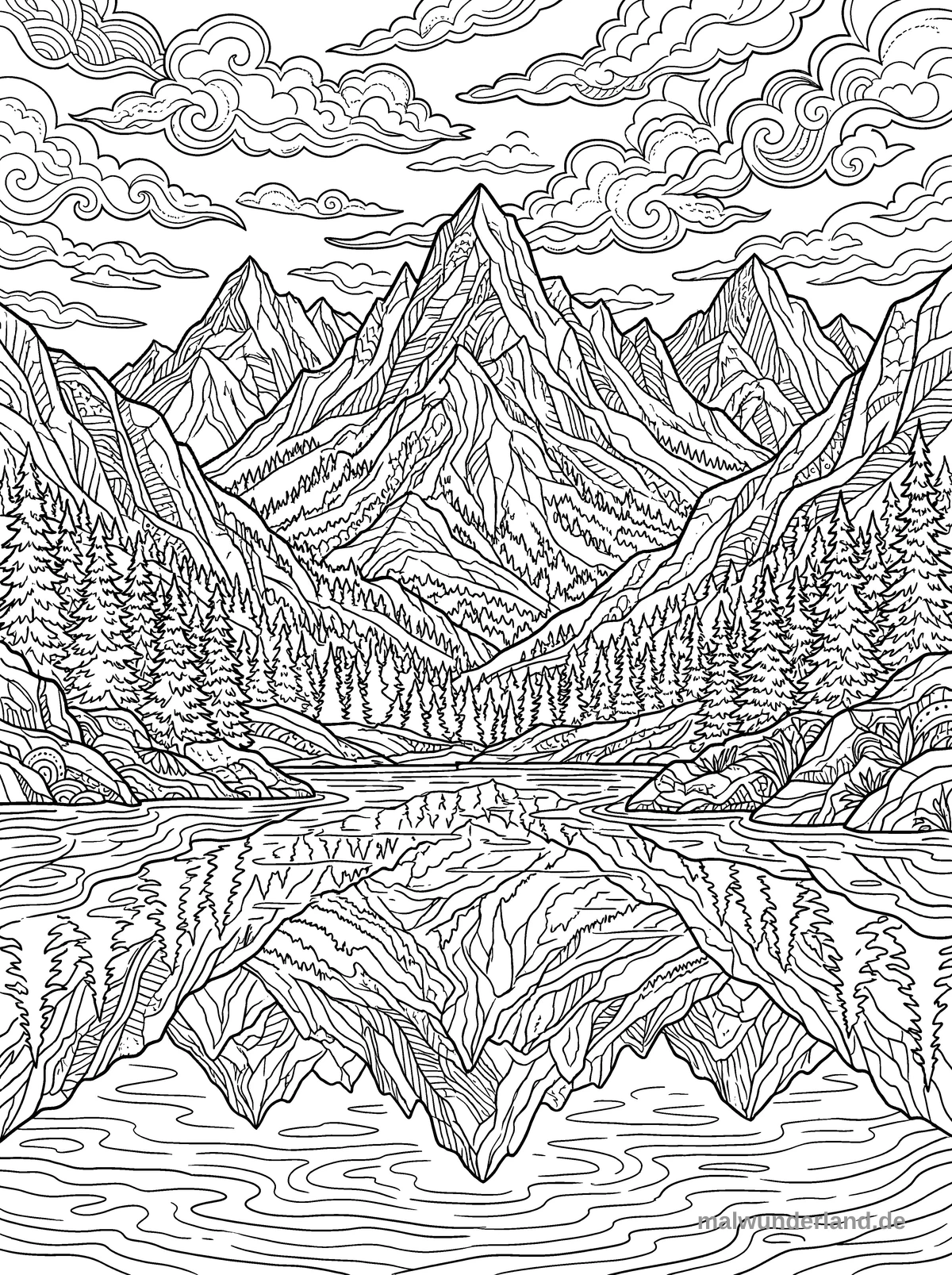 Majestätische Berglandschaft - Kostenloses Ausmalbild zum Ausdrucken