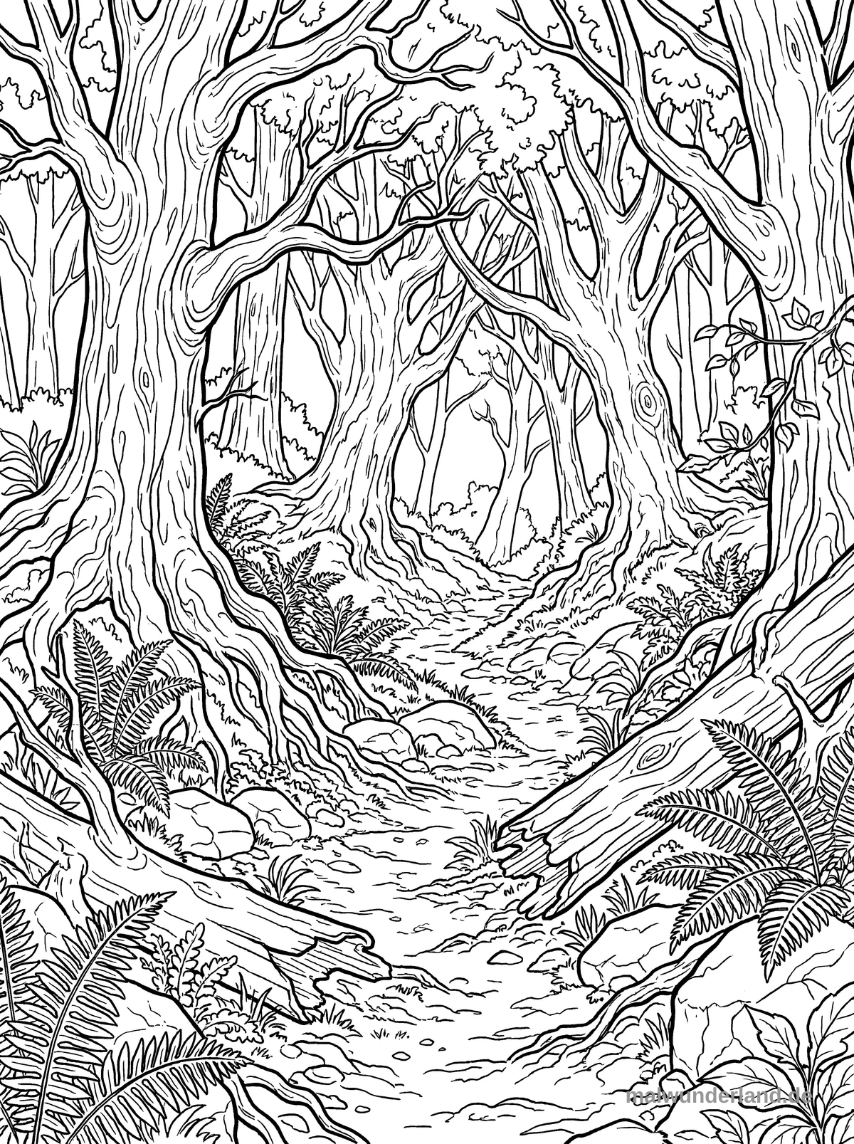 Mystischer Waldpfad - Kostenloses Ausmalbild zum Ausdrucken