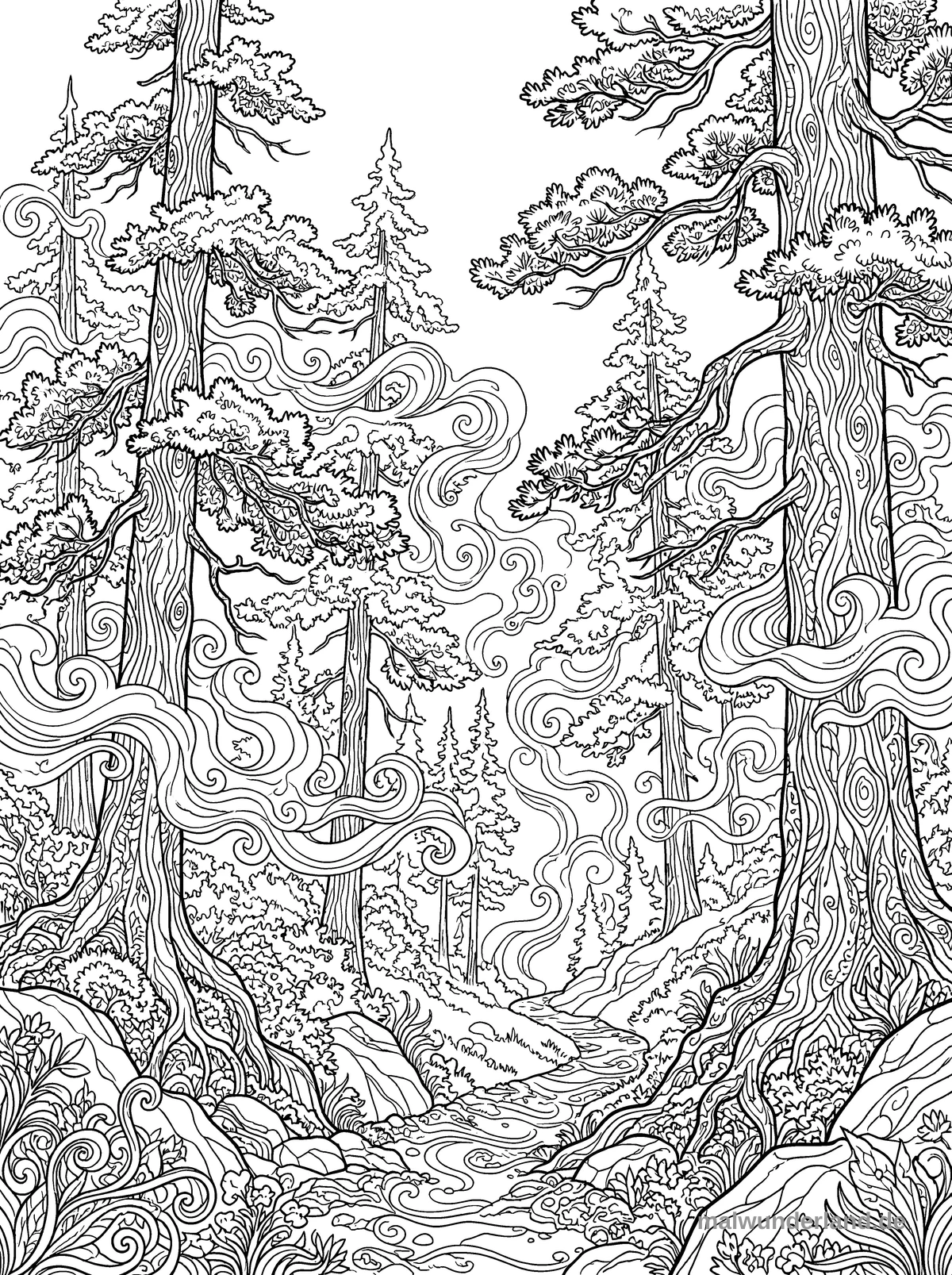 Ein detailliertes Ausmalbild, das eine dichte Waldlandschaft zeigt. Im Vordergrund dominieren große, knorrige Bäume mit ausgeprägter Rindenstruktur, während sich im Hintergrund weitere Nadelbäume und ein Bach durch Felsen und Vegetation schlängeln, umgeben von wirbelnden Mustern, die Nebel oder Wind darstellen.