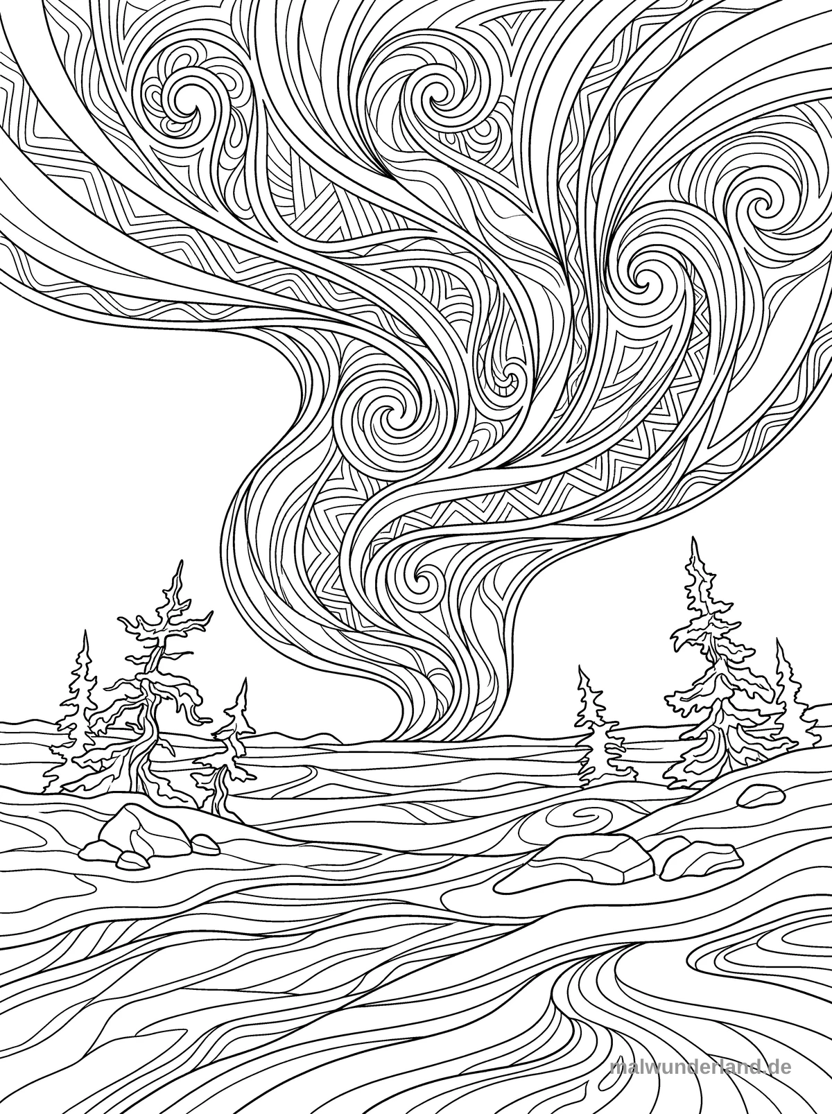 Das Ausmalbild zeigt eine detaillierte Winterlandschaft unter einem abstrakten, wirbelnden Himmelsphänomen, das die Nordlichter darstellt. Im Vordergrund sind ein Fluss mit Felsen und mehrere Nadelbäume vor einer Hügelkette zu sehen.
