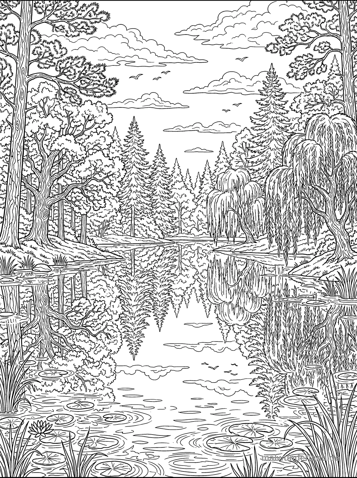 Das Ausmalbild zeigt eine detaillierte Waldlandschaft mit einem ruhigen See in der Mitte, der die umliegenden Bäume und den Himmel spiegelt. Am Ufer und im Wasser sind verschiedene Pflanzen wie Seerosen, Schilf und Weiden zu sehen, ergänzt durch Wolken und Vögel am Himmel.