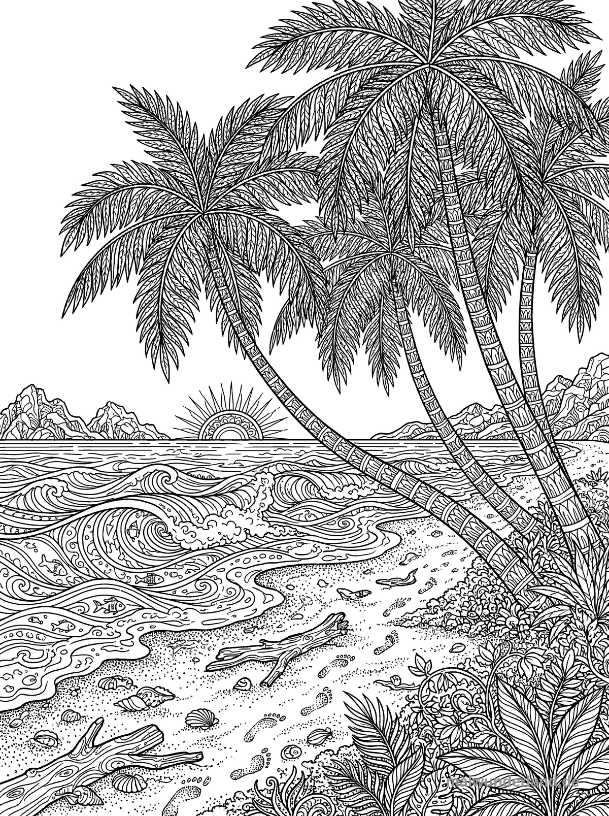 Tropischer Strand - Kostenloses Ausmalbild zum Ausdrucken